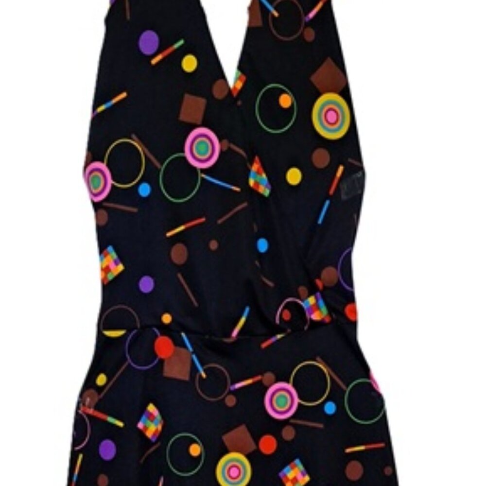 Vtg 70s Black Pink Geometric Halter Maxi Dress 2